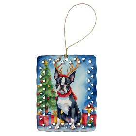 Boston Terrier Christmas Reindeer Porcelain Ornament Christmas Tree Hanging Decorations for Home Christmas Holiday, Rectangle, Gift, Multicolor