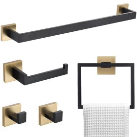 5 PC Bathroom Accessory Set in Black Gold Towel Bar Toilet Paper Holder Hook Towel Ring