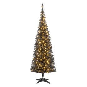 HOMCOM 5' Tall Pre-Lit Slim Noble Fir Artificial Christmas Tree with 160 Warm White LED Lights and 294 Tips, for Christmas Decoration, Black