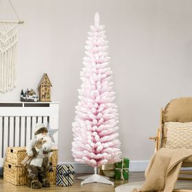 6ft Snow Flocked Artificial Pencil Christmas Tree, Slim Xmas Tree with Realistic Branches and Plastic Base Stand for Indoor Decoration, Pink